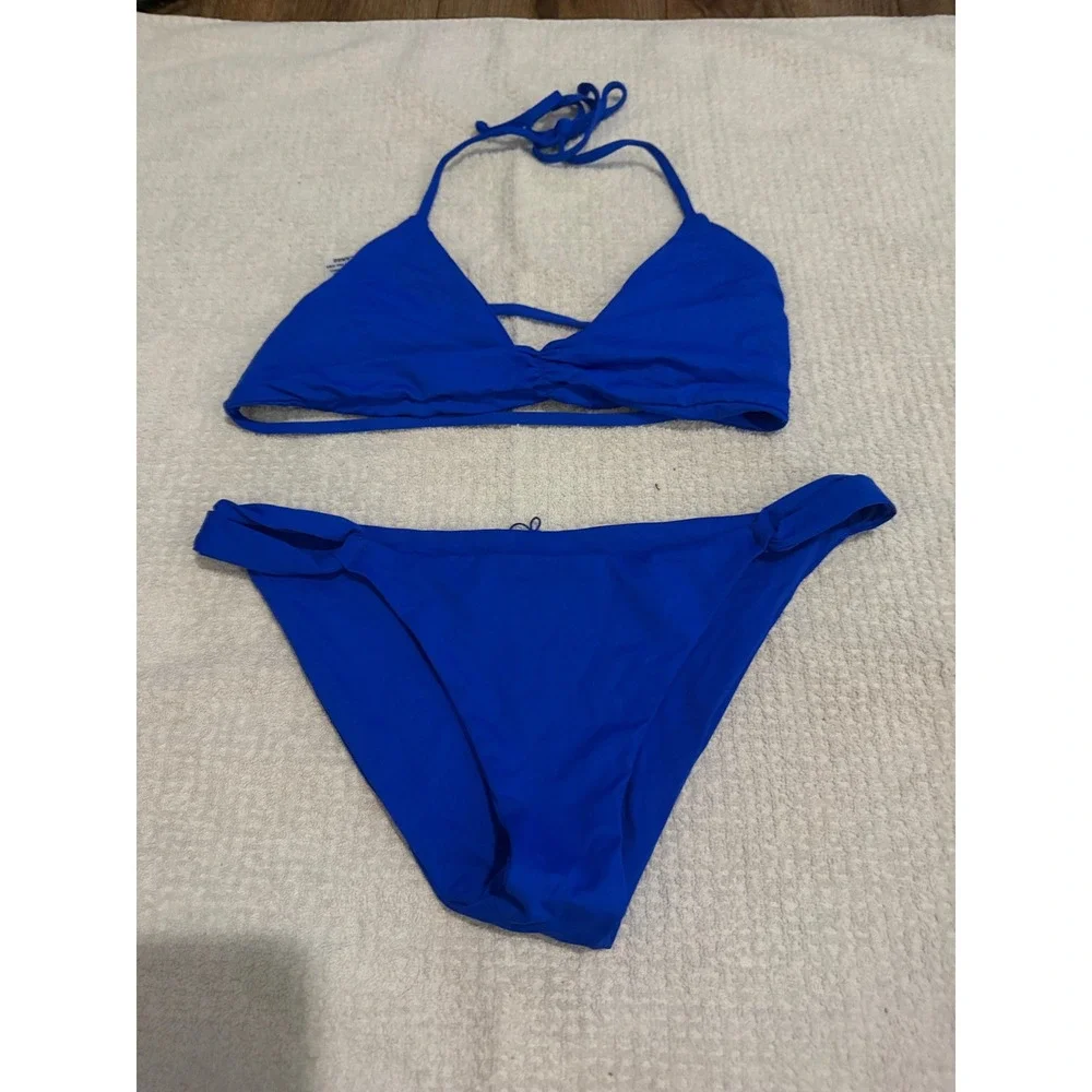 L*Space Royal Blue Triangle Halter Bikini Set Two Piece Swimsuit Large NWOT